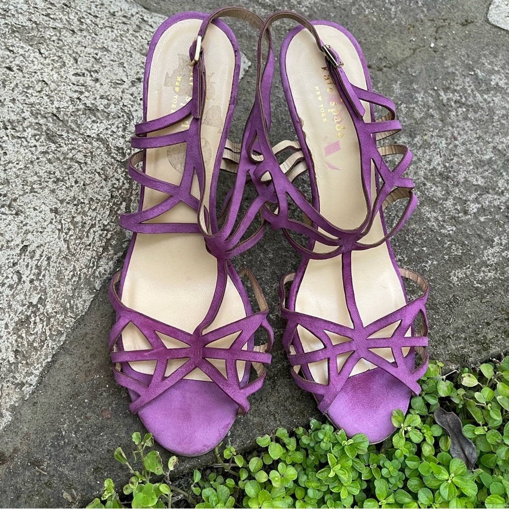 Kate Spade women’s purple leather open toe strappy needle heels size 9